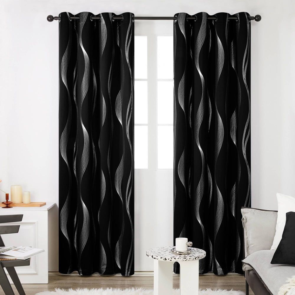 Deconovo Thermal Insulated Room Darkening Black Blackout Curtains with Silver Stripe Pattern, Grommet Curtains for Living Room, 2 Panels, 52 by 84 in