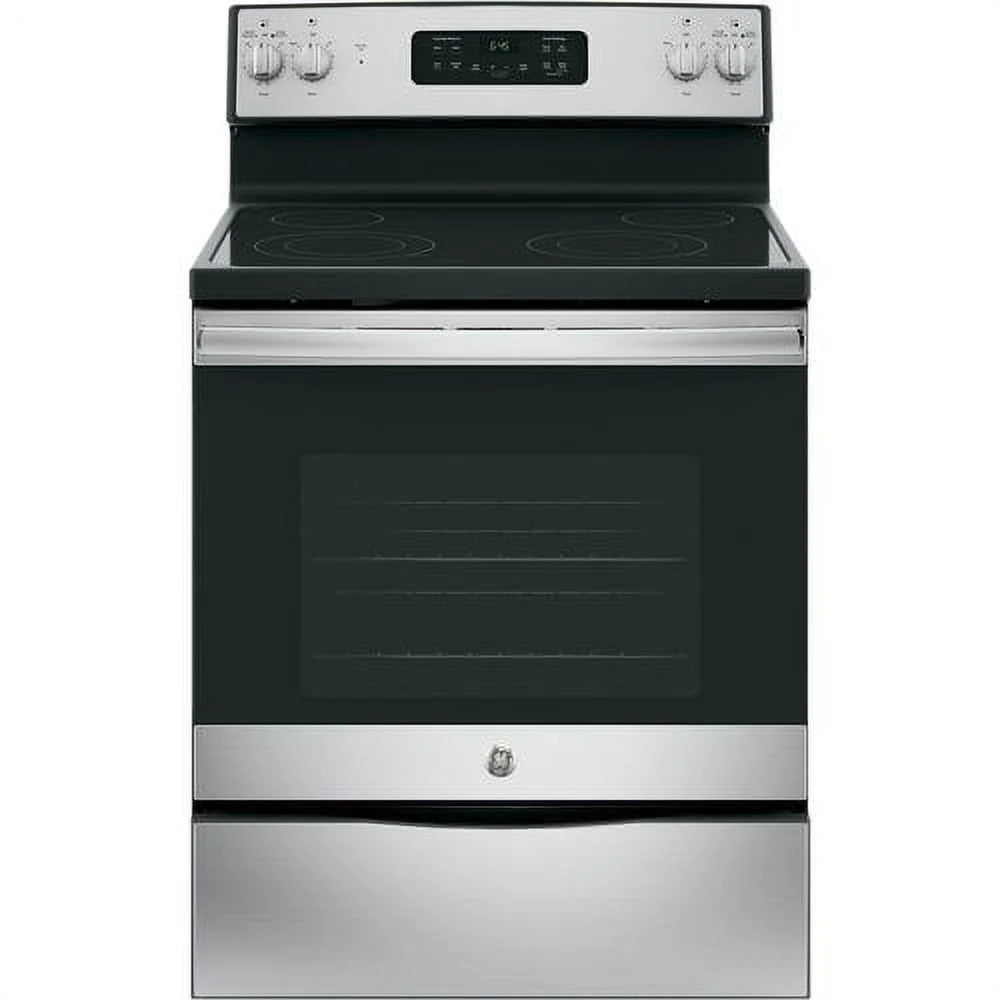 Ge® Appliances 30" Free - Standing Electric Range Model JB645RKSS in Stainless Steel. APPROXIMATE DIMENSIONS (Hxwxd) 47 Height x 29 7/8 Width x 28 Dimension In. Two 9"/6" Power Boil Elements, Self - Clean Oven and Dual - Element Bake